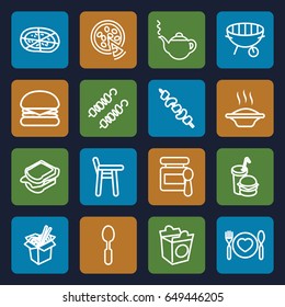 Lunch icons set. set of 16 lunch outline icons such as baby food, teapot, noodles fast food, sandwich, pizza, take away food, kebab, burger and drink, spoon