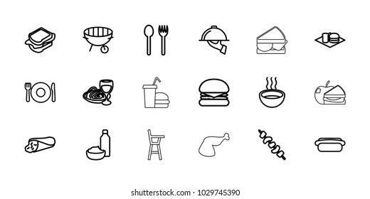 Lunch icons. set of 18 editable outline lunch icons: plate fork and spoon, burger, fork and spoon, wrap sandwich, sandwich, kebab, soup, bbq, dish serving, hot dog, baby chair
