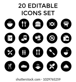 Lunch icons. set of 20 editable filled lunch icons such as spoon and fork, plate fork and spoon, soup, bbq, kebab, dish, menu. best quality lunch elements in trendy style.