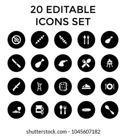 Lunch icons. set of 20 editable filled lunch icons such as plate fork and spoon, dish, baby food, meat leg, kebab, fork and spoon. best quality lunch elements in trendy style.