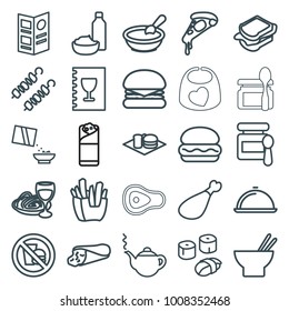 Lunch icons. set of 25 editable outline lunch icons such as baby food, porridge, teapot, burger, wrap sandwich, pizza, french fries, asian food, sandwich, burrito