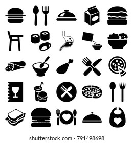 Lunch icons. set of 25 editable filled lunch icons such as spoon and fork, dish, baby bid, burger, fork and spoon, baby chair, wrap sandwich, sandwich, pizza, meat leg
