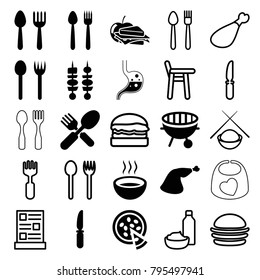 Lunch icons. set of 25 editable filled and outline lunch icons such as spoon and fork, meat leg, knife, soup, bbq, pizza, kebab, baby chair, burger, menu, asian food, baby bid