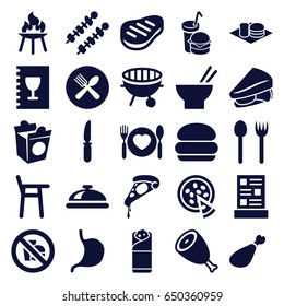 Lunch icons set. set of 25 lunch filled icons such as beef, dish, pizza, asian food, sandwich, burrito, soda and burger, take away food, meat leg, burger and drink, knife