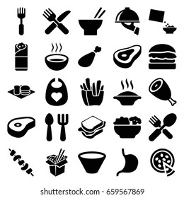 Lunch icons set. set of 25 lunch filled icons such as beef, baby bid, fork and spoon, french fries, asian food, noodles fast food, sandwich, burrito, soda and burger, kebab
