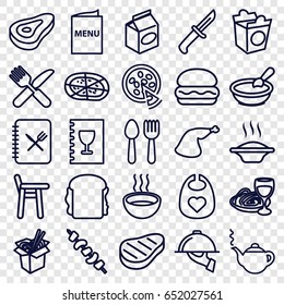 Lunch icons set. set of 25 lunch outline icons such as spoon and fork, beef, porridge, baby bid, teapot, noodles fast food, pizza, sandwich, take away food