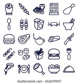 Lunch icons set. set of 25 lunch outline icons such as beef, teapot, wrap sandwich, pizza, french fries, asian food, noodles fast food, pasta and wine glass, kebab, meat leg