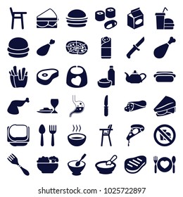 Lunch icons. set of 36 editable filled lunch icons such as spoon and fork, porridge, baby chair, wrap sandwich, burger, pizza, french fries, sandwich, burrito, drink and food
