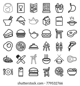 Lunch icons. set of 36 editable outline lunch icons such as plate fork and spoon, dish, baby chair, teapot, soup, burger, pizza, french fries, asian food, sandwich, burrito