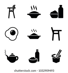 Lunch icons. set of 9 editable filled lunch icons such as teapot, soup, baby chair, drink and food, egg