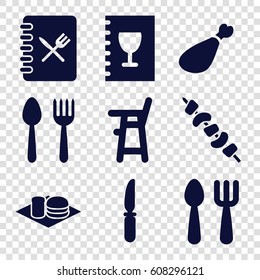 Lunch icons set. set of 9 lunch filled icons such as spoon and fork, baby chair, fork and spoon, soda and burger, kebab, meat leg, knife