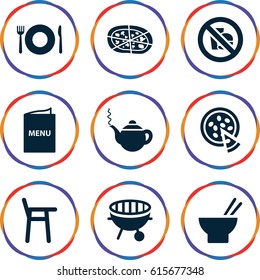 Lunch icons set. set of 9 lunch filled icons such as plate fork and spoon, teapot, asian food, pizza, bbq, menu, no fast food