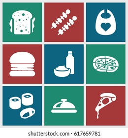 Lunch icons set. set of 9 lunch filled icons such as dish, baby bid, pizza, sandwich, drink and food, kebab, sushi