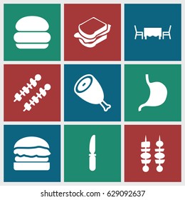 Lunch icons set. set of 9 lunch filled icons such as beef, sandwich, knife, stomach, kebab, restaurant table