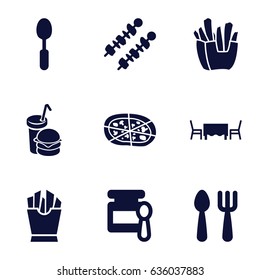 Lunch icons set. set of 9 lunch filled icons such as baby food, fork and spoon, french fries, pizza, burger and drink, spoon, restaurant table