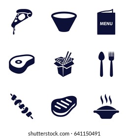 Lunch icons set. set of 9 lunch filled icons such as pizza, noodles fast food, kebab, beef, menu, bowl, soup