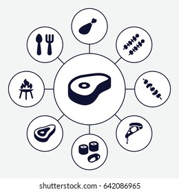 Lunch icons set. set of 9 lunch filled icons such as beef, fork and spoon, pizza, kebab, meat leg, bbq
