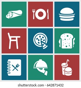 Lunch icons set. set of 9 lunch filled icons such as plate fork and spoon, wrap sandwich, burger, sandwich, burger and drink, pizza, menu, dish serving
