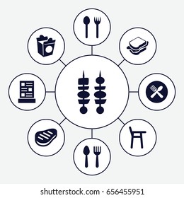 Lunch icons set. set of 9 lunch filled icons such as spoon and fork, sandwich, take away food, beef, kebab, menu, fork and spoon