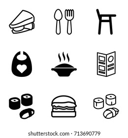 Lunch icons set. set of 9 lunch filled and outline icons such as baby bid, sushi, spoon and fork, sandwich, menu, burger, soup