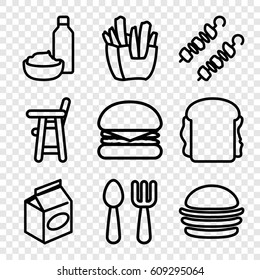 Lunch icons set. set of 9 lunch outline icons such as baby chair, fork and spoon, burger, french fries, sandwich, drink and food, take away food
