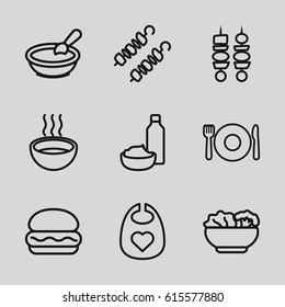 Lunch icons set. set of 9 lunch outline icons such as plate fork and spoon, porridge, baby bid, drink and food, soup, kebab, food