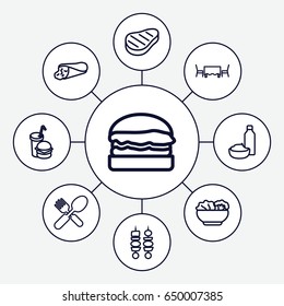 Lunch icons set. set of 9 lunch outline icons such as wrap sandwich, drink and food, burger and drink, fork and spoon, beef, kebab, food, restaurant table