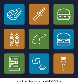 Lunch icons set. set of 9 lunch outline icons such as beef, meat leg, fork, cereal, kebab, menu, knife