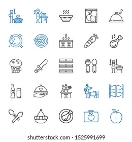 lunch icons set. Collection of lunch with healthy food, lunchbox, chicken leg, pot, spoon, bar, setting the table, sauce, dinner, beverage. Editable and scalable lunch icons.