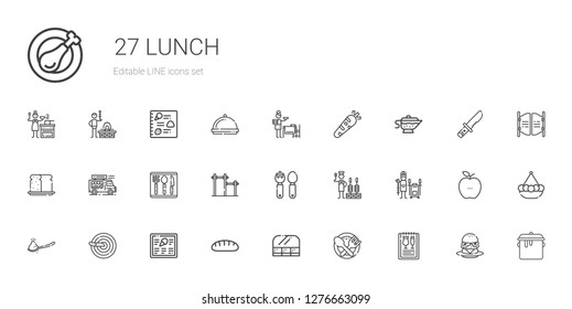 lunch icons set. Collection of lunch with menu, food, food and restaurant, bread, knife, spoon, tandoor, churrasco, cutlery, bar, food truck. Editable and scalable lunch icons.
