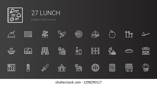 lunch icons set. Collection of lunch with menu, bread, food and restaurant, bar, knife, pot, cutlery, bbq, beverage, sauce, soup, healthy food. Editable and scalable lunch icons.