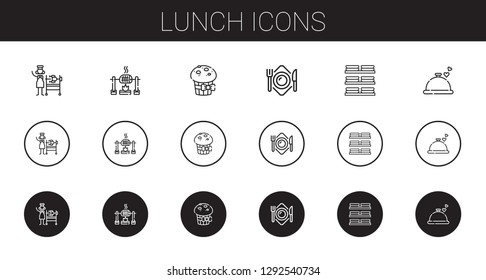 lunch icons set. Collection of lunch with rotisserie, roast, muffin, plate, dishes, dinner. Editable and scalable lunch icons.