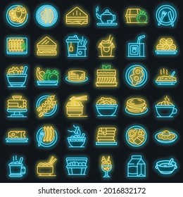 Symbole zum Mittagessen eingestellt. Rahmenset für Lunch-Vektorsymbole neonfarbig auf Schwarz