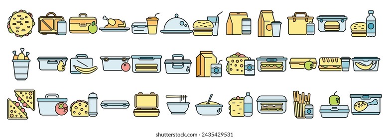 Lunch icons set outline vector. Food tray. School meal color line isolated