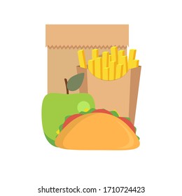 Lunch icons , such as french fries, sandwich and apple. Vector flat design illustration.