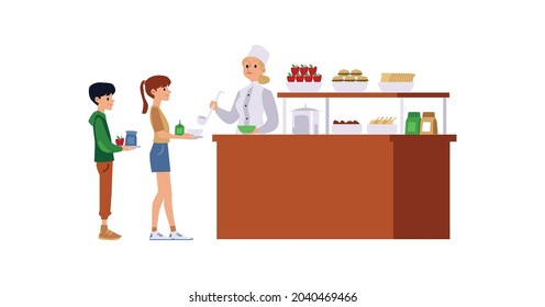 Lunch Lady Giving Food To Children In School Cafeteria - Cartoon Woman Behind Counter Pouring Soup For Kids With Tray. Isolated Flat Vector Illustration.