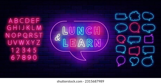 Almuerzo y aprenda etiqueta de neón. Alfabeto rosa brillante. Se han establecido marcos de burbujas de voz. Una frase brillante. Cita brillante. Educación y descanso. Emblema de la comida escolar. Insignia luminosa. Trazo editable. Ilustración del vector