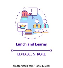 Lunch and learns concept icon. Informative presentation during meal abstract idea thin line illustration. Isolated outline drawing. Editable stroke. Roboto-Medium, Myriad Pro-Bold fonts used