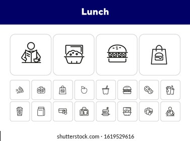 Lunch line icon set. Morning coffee, snack, picnic box. Eating concept. Can be used for topics like food, breakfast, lunch break