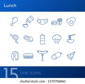 Lunch line icon set. Sausage, meat, dessert. Healthy eating concept. Can be used for topics like diet, nutrition, grocery