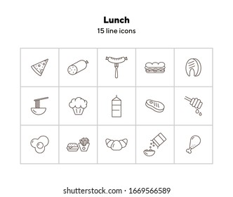 Lunch line icon set. Sausage, meat, dessert. Healthy eating concept. Can be used for topics like diet, nutrition, grocery