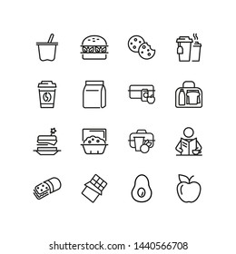 Lunch Line Icon Set. Vegan Burger, Drink, Fruit, Bag, Pack. Food Concept. Can Be Used For Topics Like Snack, Lunch Box, Eating, School