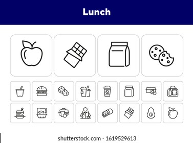 Lunch Line Icon Set. Vegan Burger, Drink, Fruit, Bag, Pack. Food Concept. Can Be Used For Topics Like Snack, Lunch Box, Eating, School