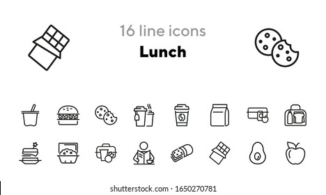 Lunch line icon set. Vegan burger, drink, fruit, bag, pack. Food concept. Can be used for topics like snack, lunch box, eating, school