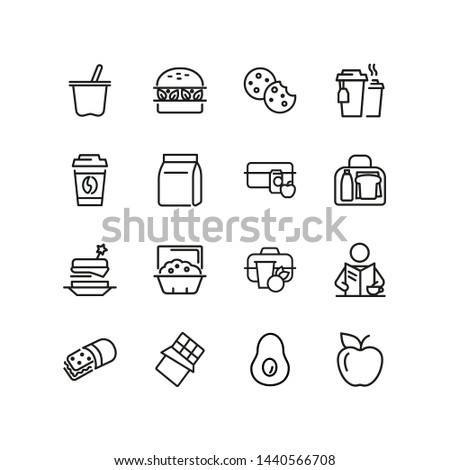 Lunch line icon set. Vegan burger, drink, fruit, bag, pack. Food concept. Can be used for topics like snack, lunch box, eating, school