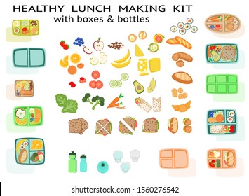 Lunch making Kit with healthy sandwich food fruit vegetables and boxes homemade school lunchbox concept