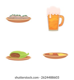 Lunch meal icons set cartoon vector. Various dish and dessert. Food, nutrition