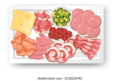 Lunch meat set with different cold meats on platter illustration