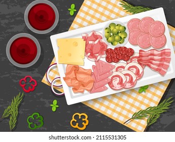 Carne de almuerzo con diferentes embutidos en la ilustración de bandeja