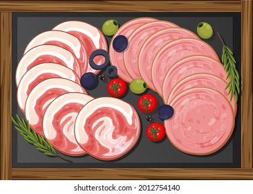 Lunch meats set with different cold meats on platter illustration